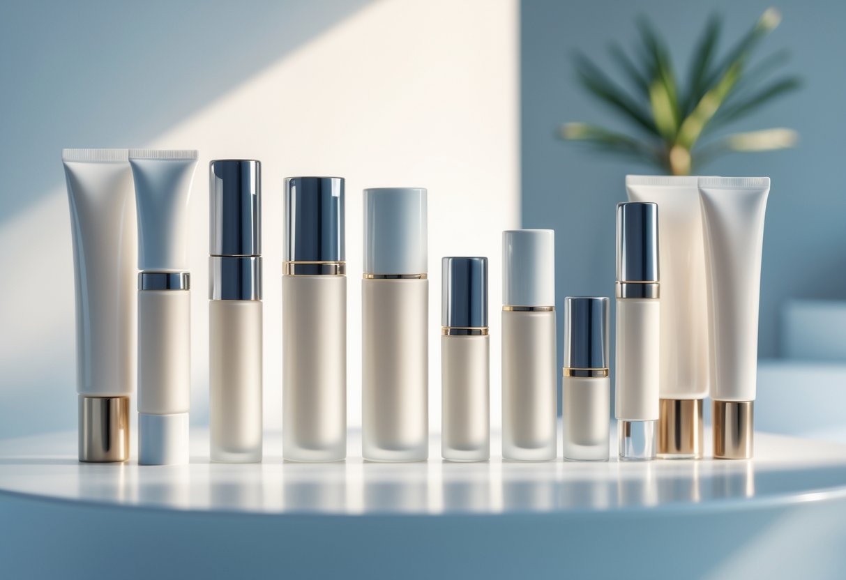 Uma coleção de elegantes tubos cosméticos sem ar dispostos em uma superfície branca com iluminação suave.