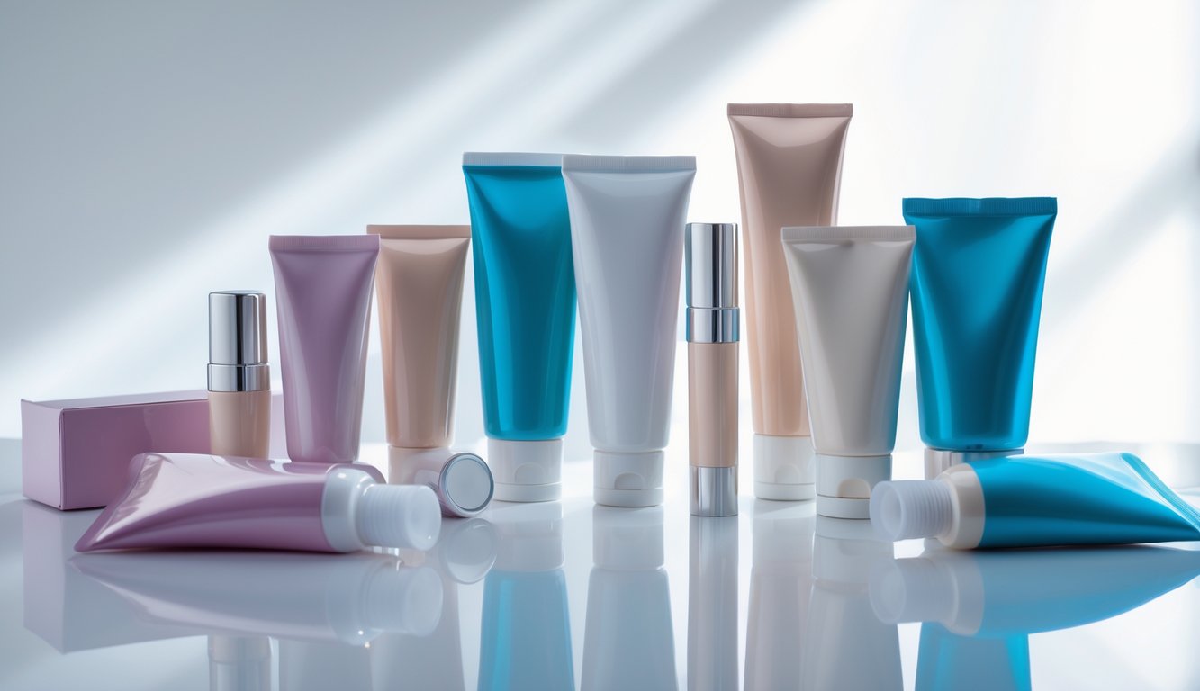An assortment of cosmetic squeeze tubes arranged on a white surface with a blurred background.