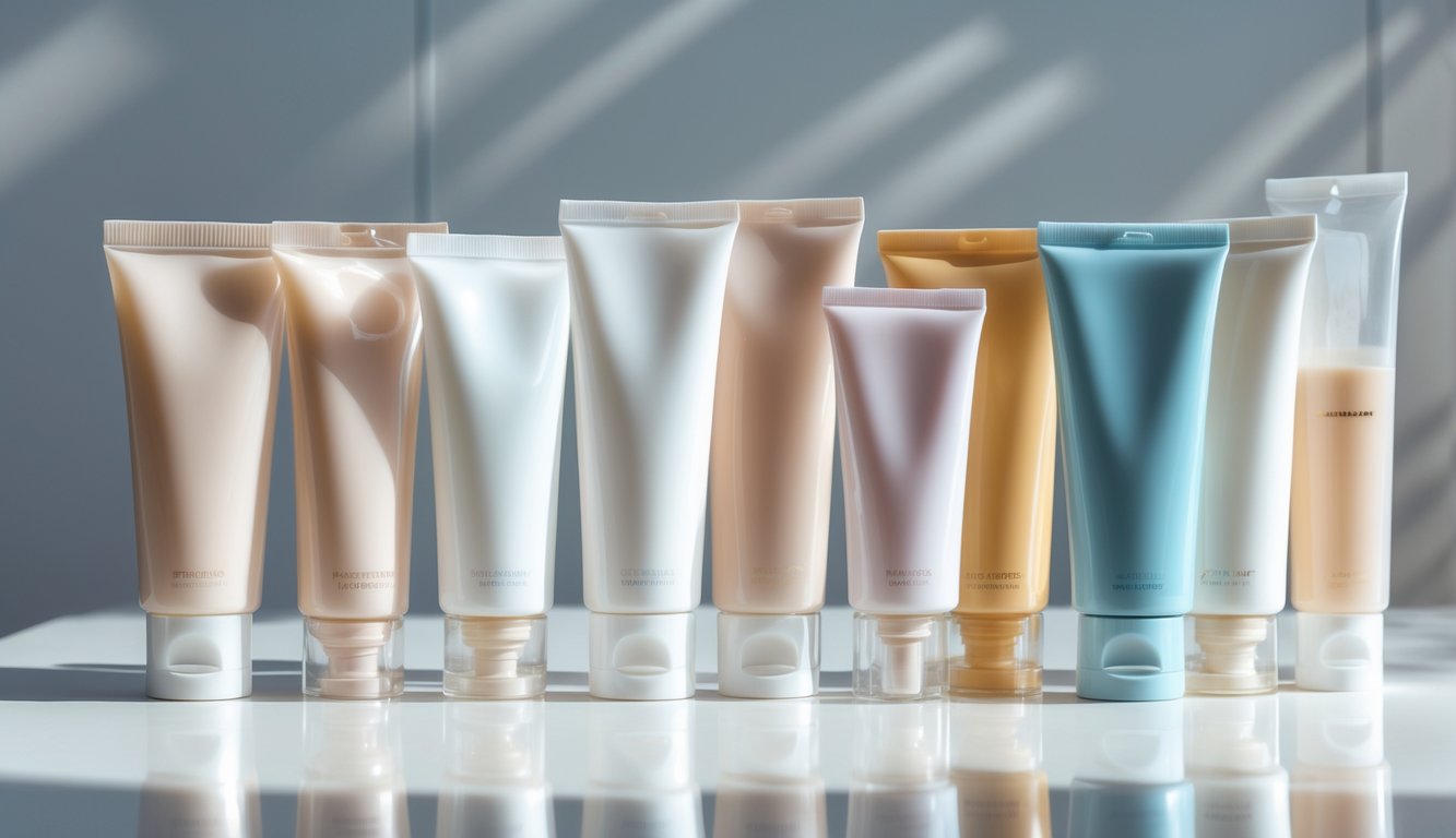 A collection of cosmetic squeeze tubes made from various materials arranged on a white surface.
