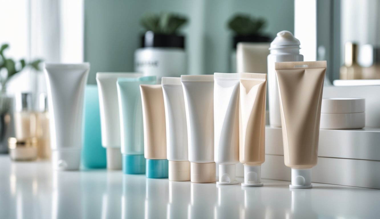 A collection of cosmetic squeeze tubes of various sizes and colors arranged on a white surface with soft lighting.