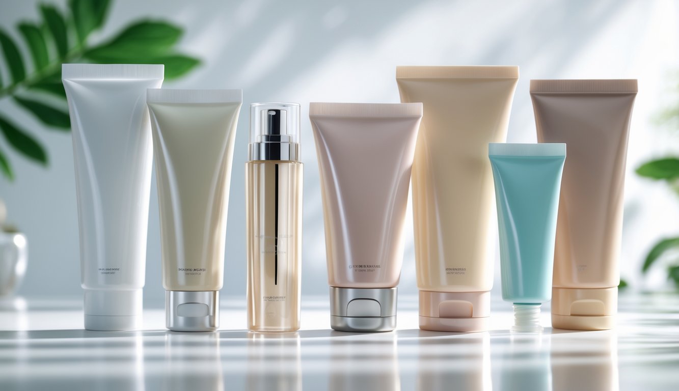 An arrangement of different cosmetic squeeze tubes displayed on a white surface with soft lighting and a blurred background.