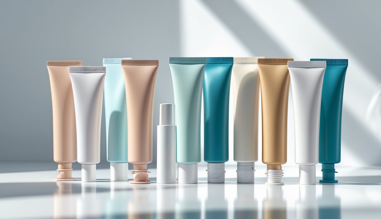 Various cosmetic squeeze tubes with different caps and applicators arranged on a white surface.