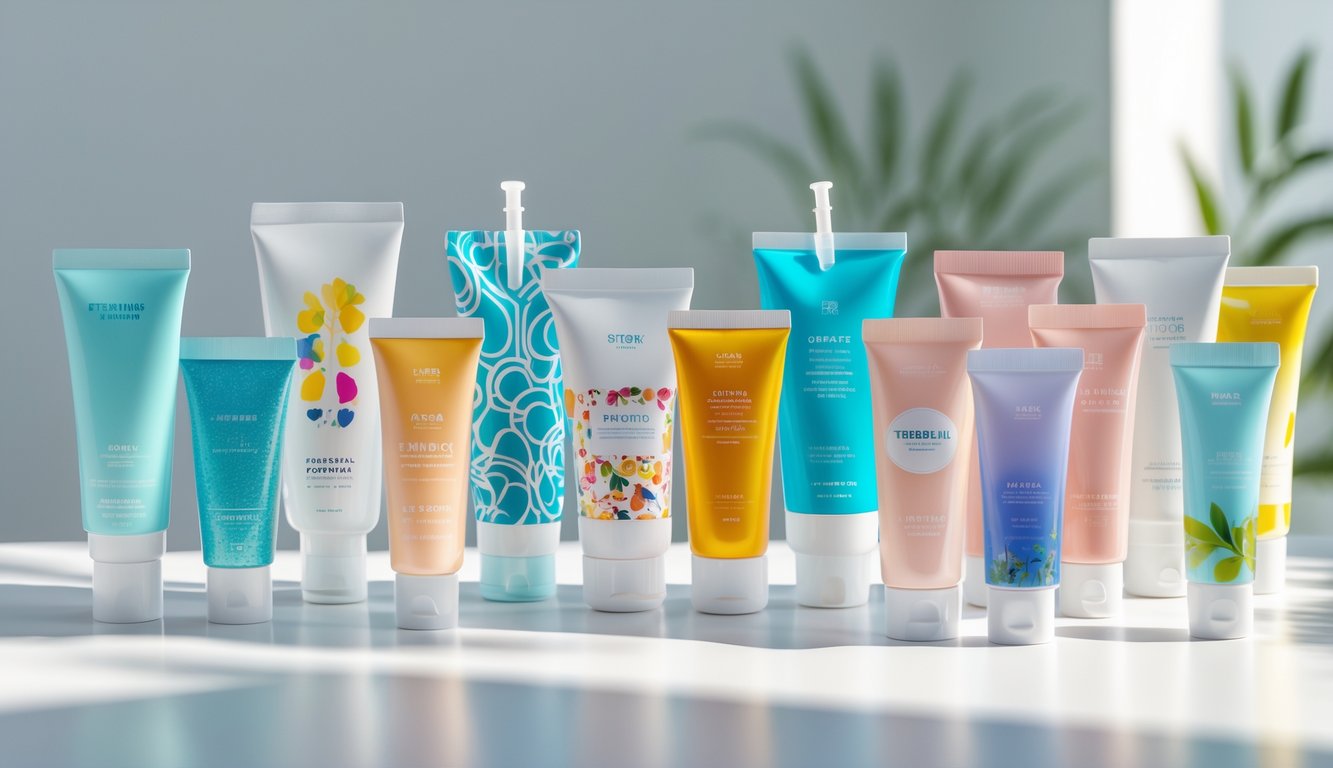 A collection of various cosmetic squeeze tubes with different shapes and colorful designs arranged on a white surface.