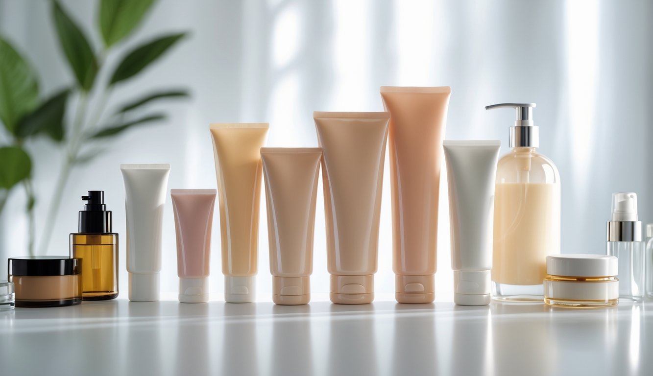 Various cosmetic containers including squeeze tubes, glass jars, and pump bottles arranged on a white surface for comparison.