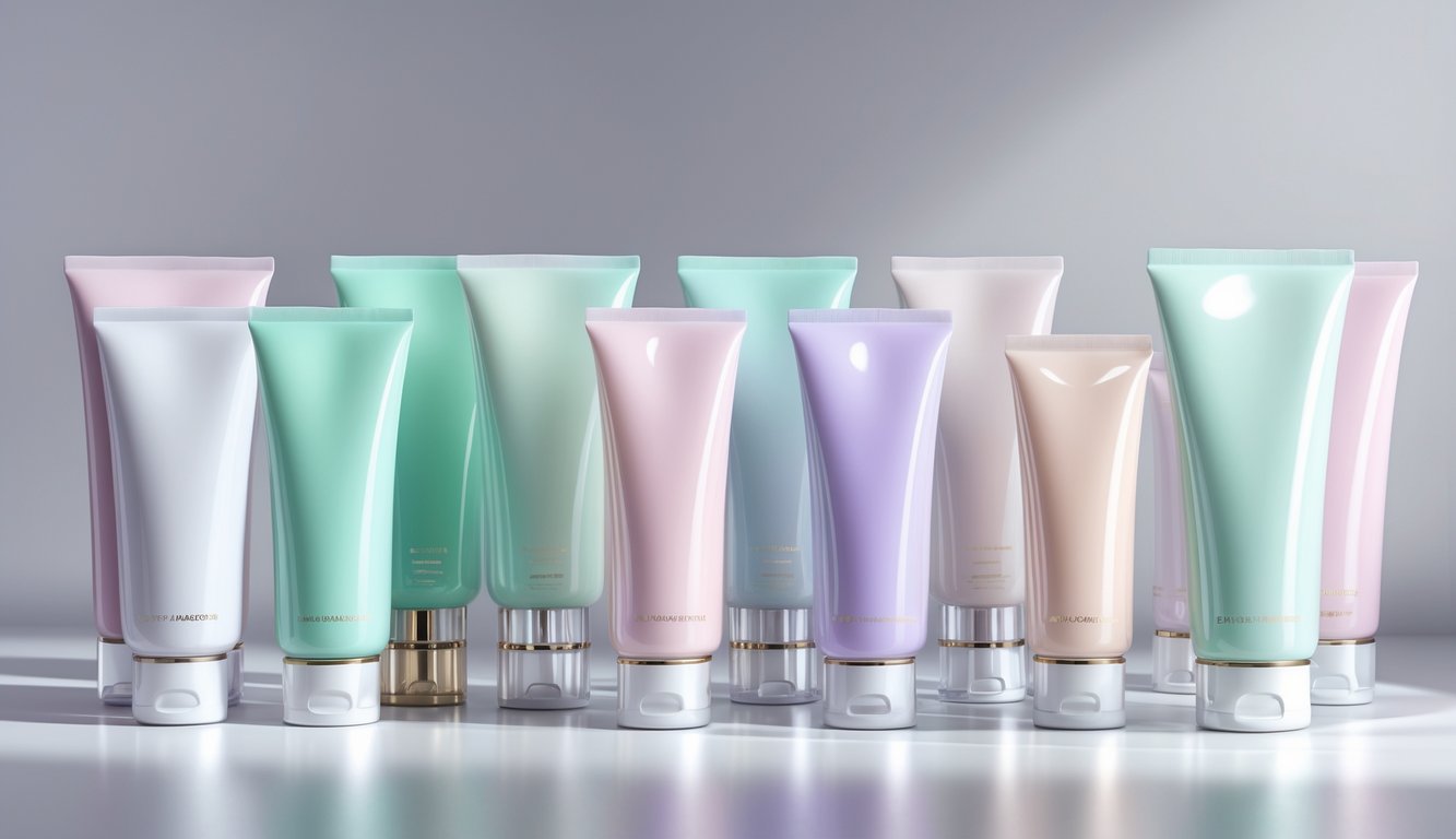 A collection of modern cosmetic squeeze tubes with sleek designs and pastel colors arranged on a reflective surface.