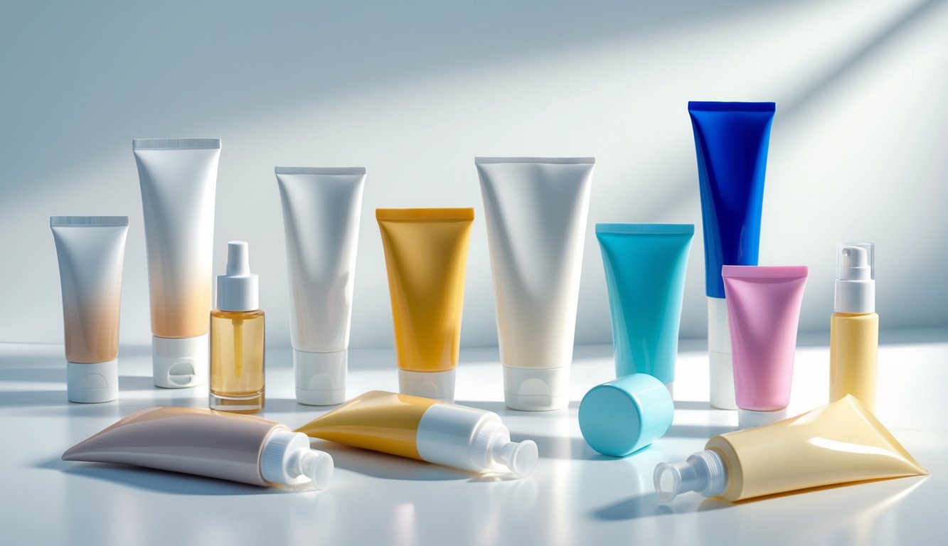 An arrangement of various cosmetic squeeze tubes of different sizes and colors on a white background.