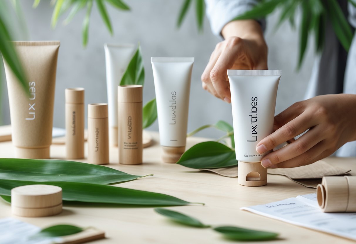Руке држе козметичку тубу са етикетом Лукетубес окружене еколошки прихватљивим материјалима за паковање и зеленим листовима на дрвеном столу.