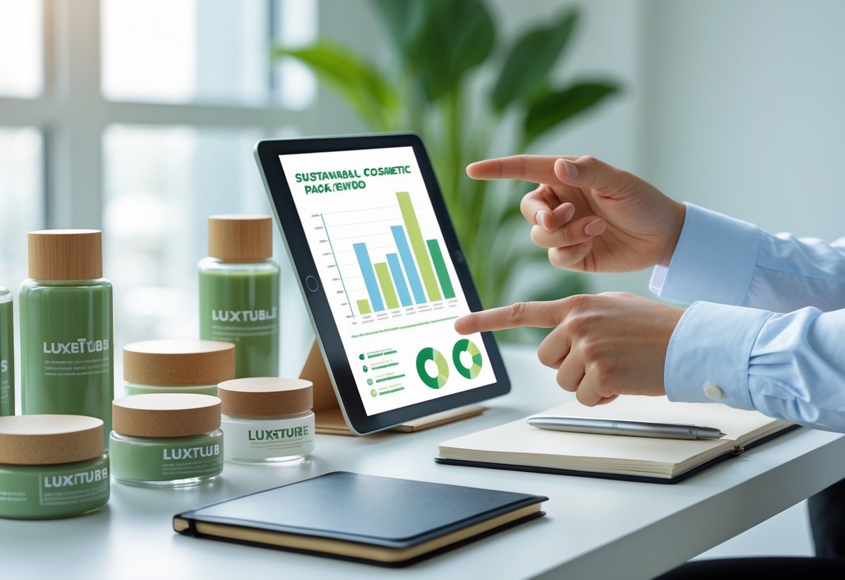 Радни простор са еколошки прихватљивим козметичким контејнерима и таблетом који приказује графиконе одрживости, са рукама упереним у екран и зеленим биљкама у позадини.