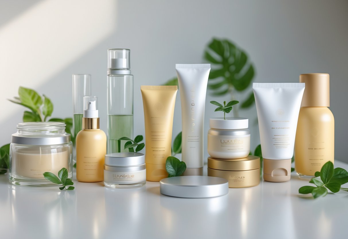 Различите одрживе амбалаже за козметичку амбалажу приказане на белој површини са зеленим листовима око њих.