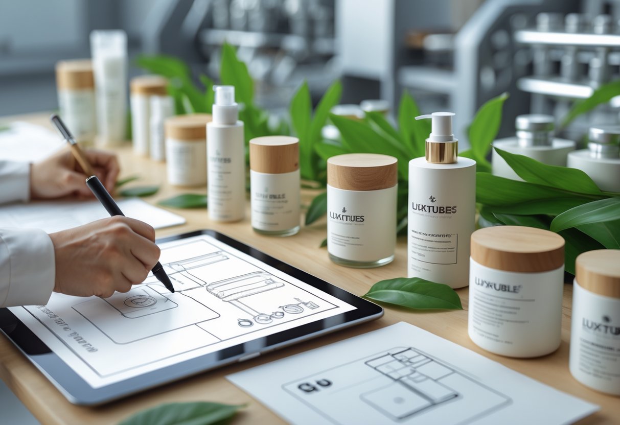 Радни простор са еколошки прихватљивим козметичким контејнерима и дизајнером који скицира концепте паковања окружен природним елементима.