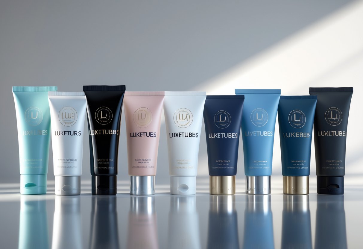 A collection of cosmetic tubes made from different materials displayed on a reflective surface, each showing the Luxetubes brand logo clearly.