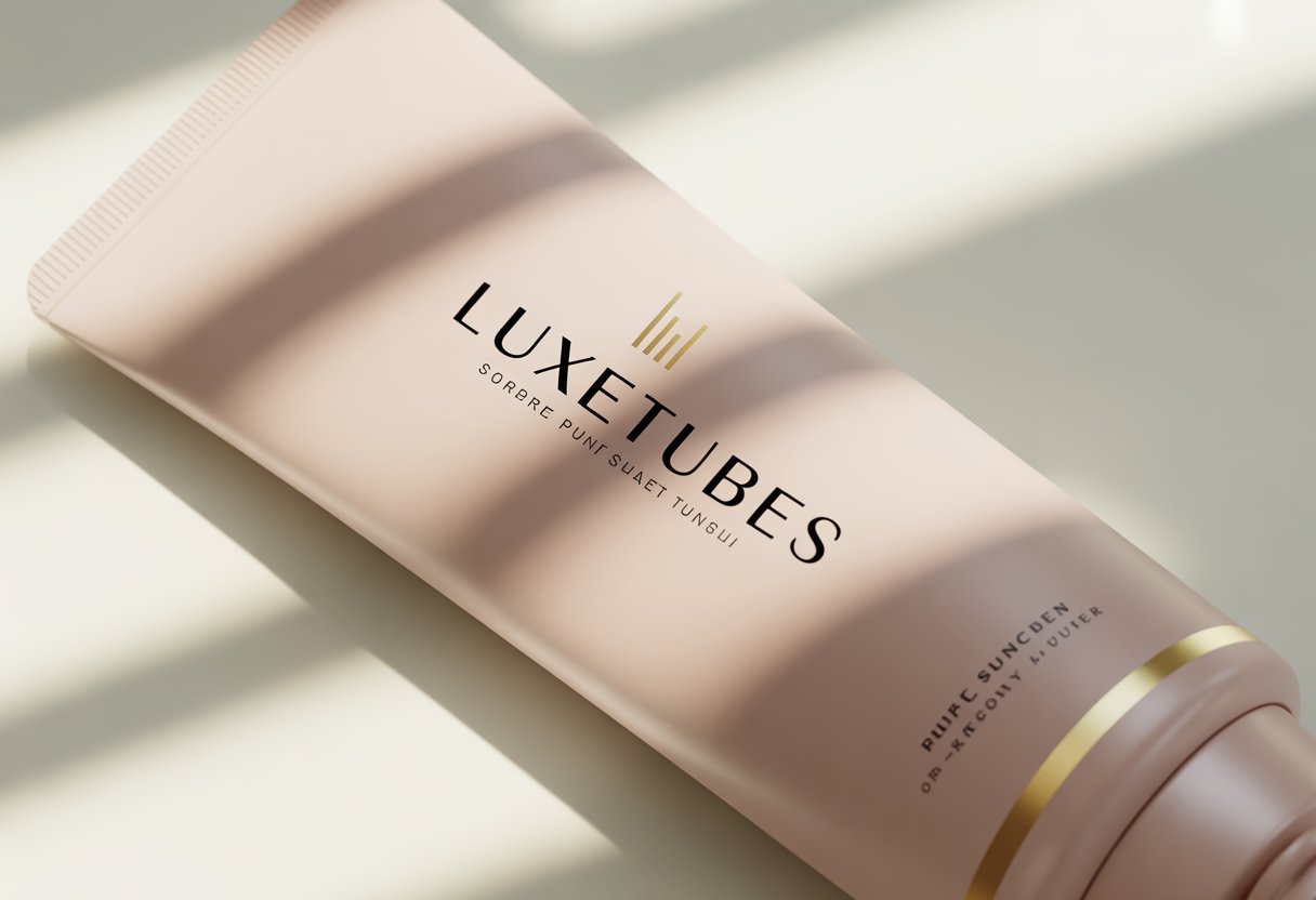 A close-up of a sleek sunscreen tube with the Luxetubes logo clearly visible on a softly lit surface.