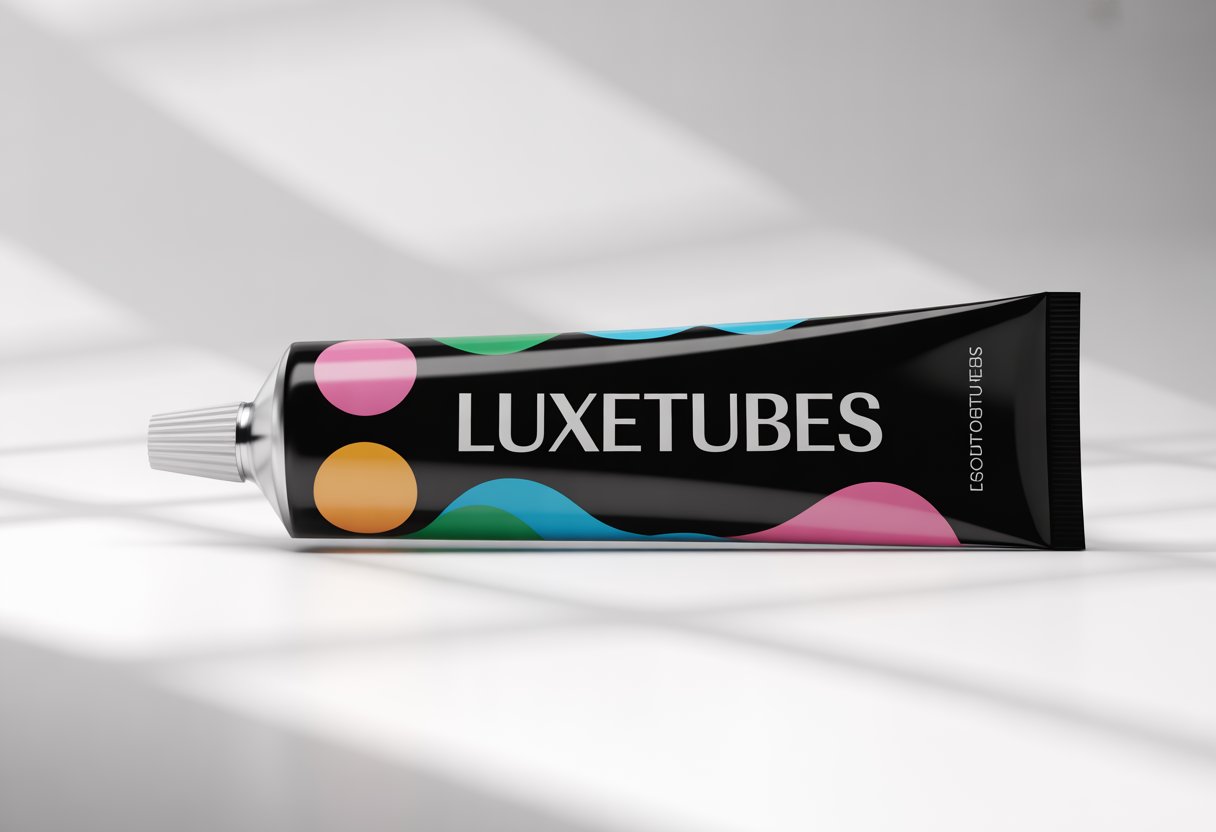 A toothpaste tube with the Luxetubes logo clearly displayed, shown against a clean background.