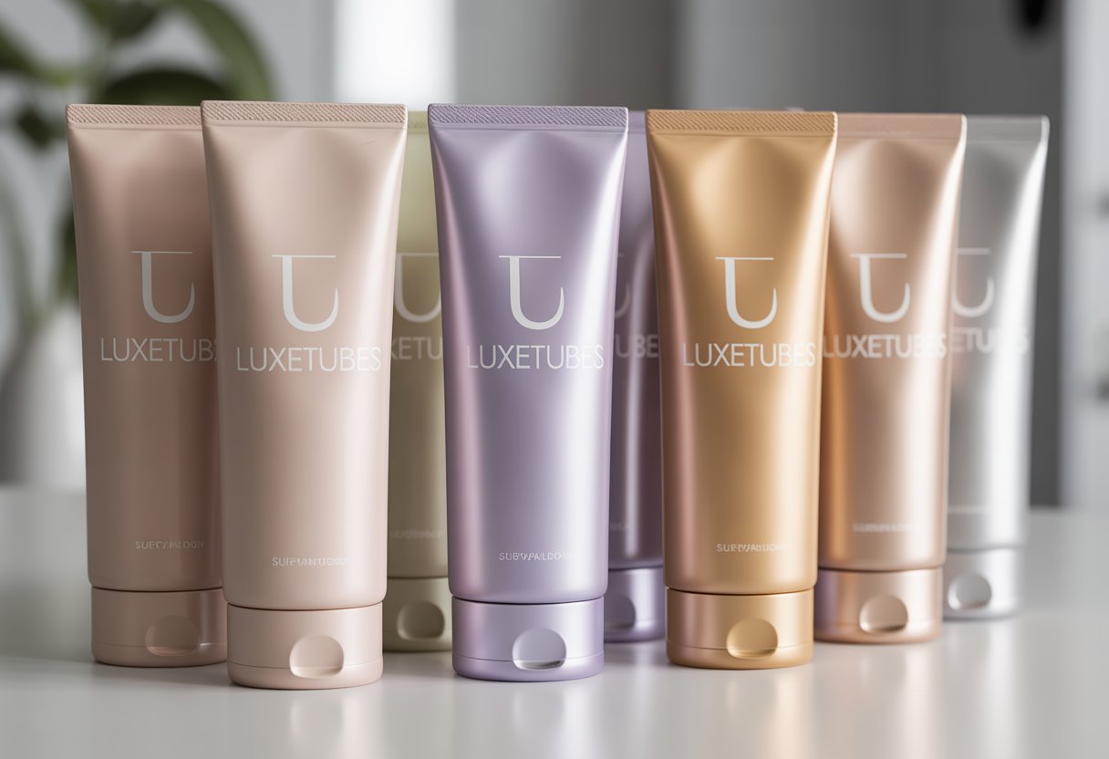 A set of sleek cosmetic squeeze tubes with the Luxetubes brand name and logo displayed clearly on each tube, arranged on a white surface.