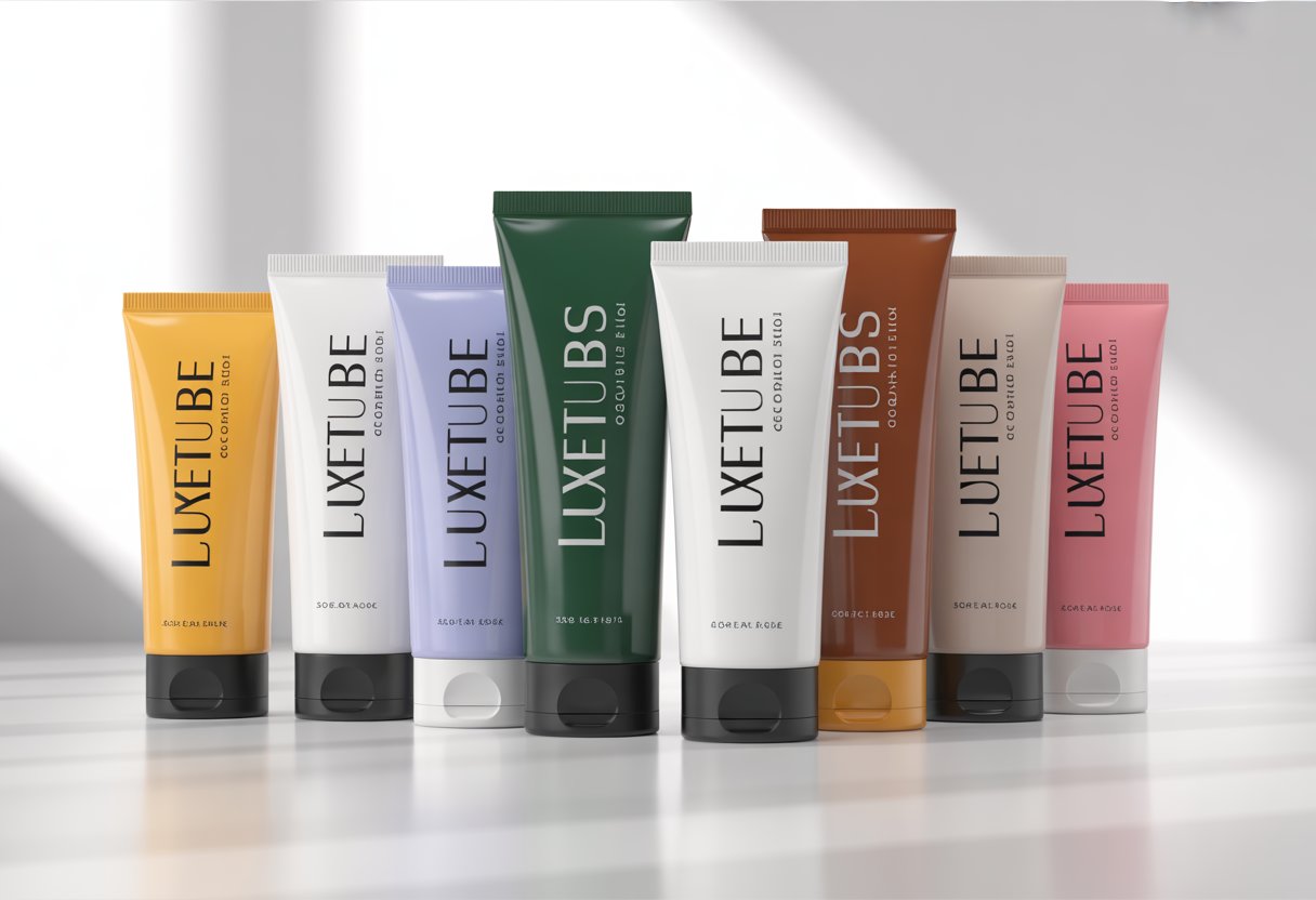 A collection of cosmetic squeeze tubes with the brand name Luxetubes displayed clearly on each, arranged on a white surface.