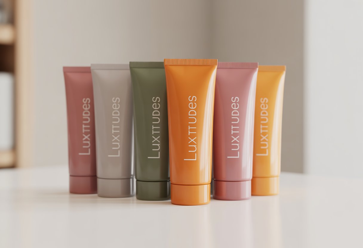 A set of cosmetic squeeze tubes with the Luxetubes logo displayed clearly, arranged on a white surface with soft lighting.