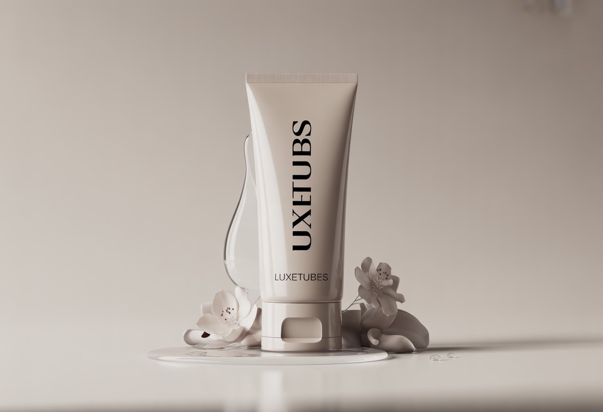 A cosmetic squeeze tube with the Luxetubes logo displayed clearly, placed on a clean surface with soft lighting and decorative elements around it.