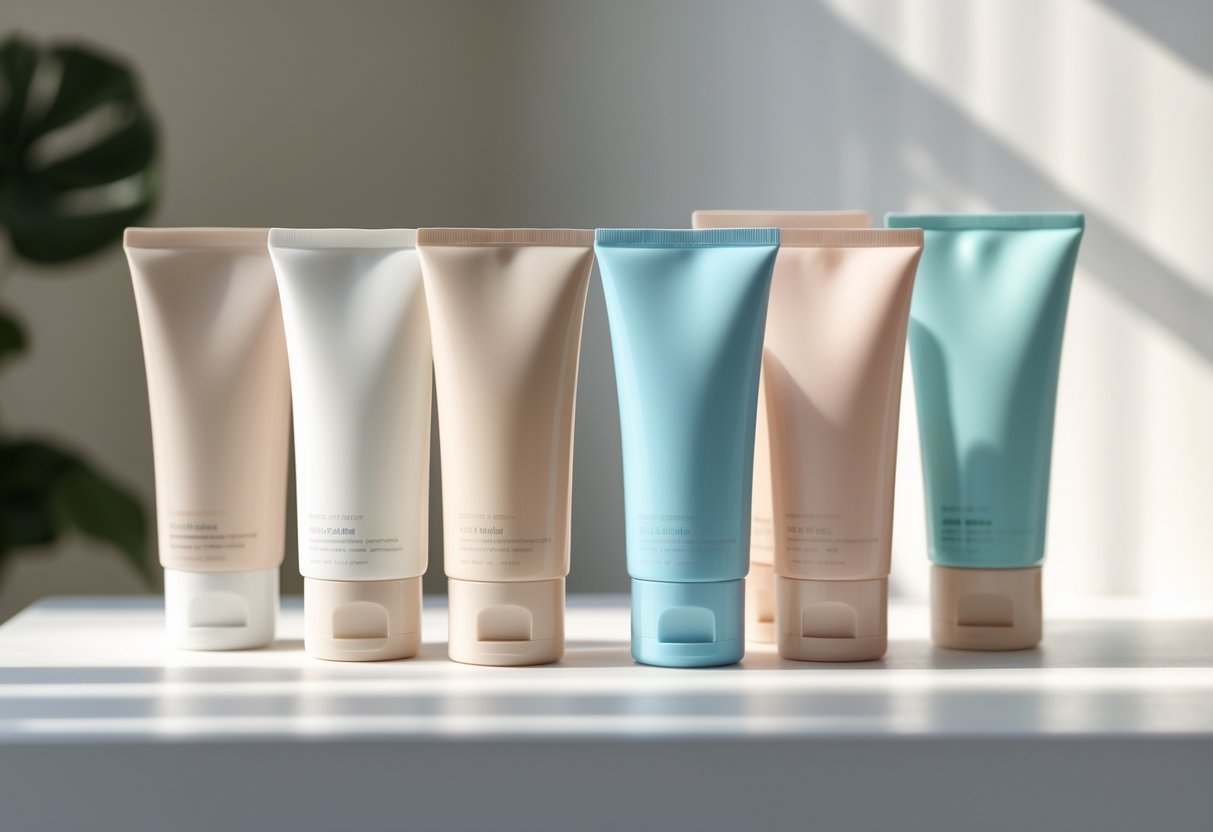 Beberapa tabung lotion tangan disusun pada permukaan putih dengan latar belakang netral.