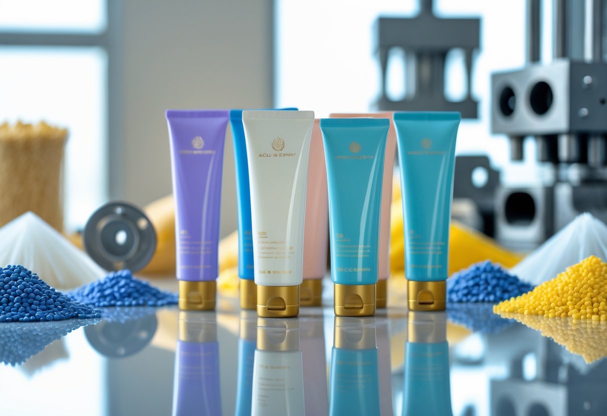 Tampilan jarak dekat dari beberapa tabung lotion tangan pada permukaan yang bersih dengan bahan manufaktur dan bagian mesin di latar belakang.