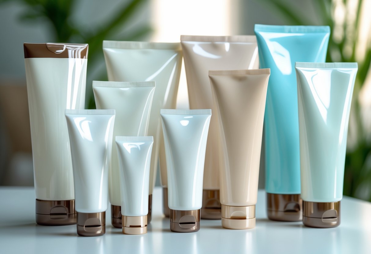 Berbagai tabung lotion tangan dengan ukuran berbeda disusun pada permukaan putih.