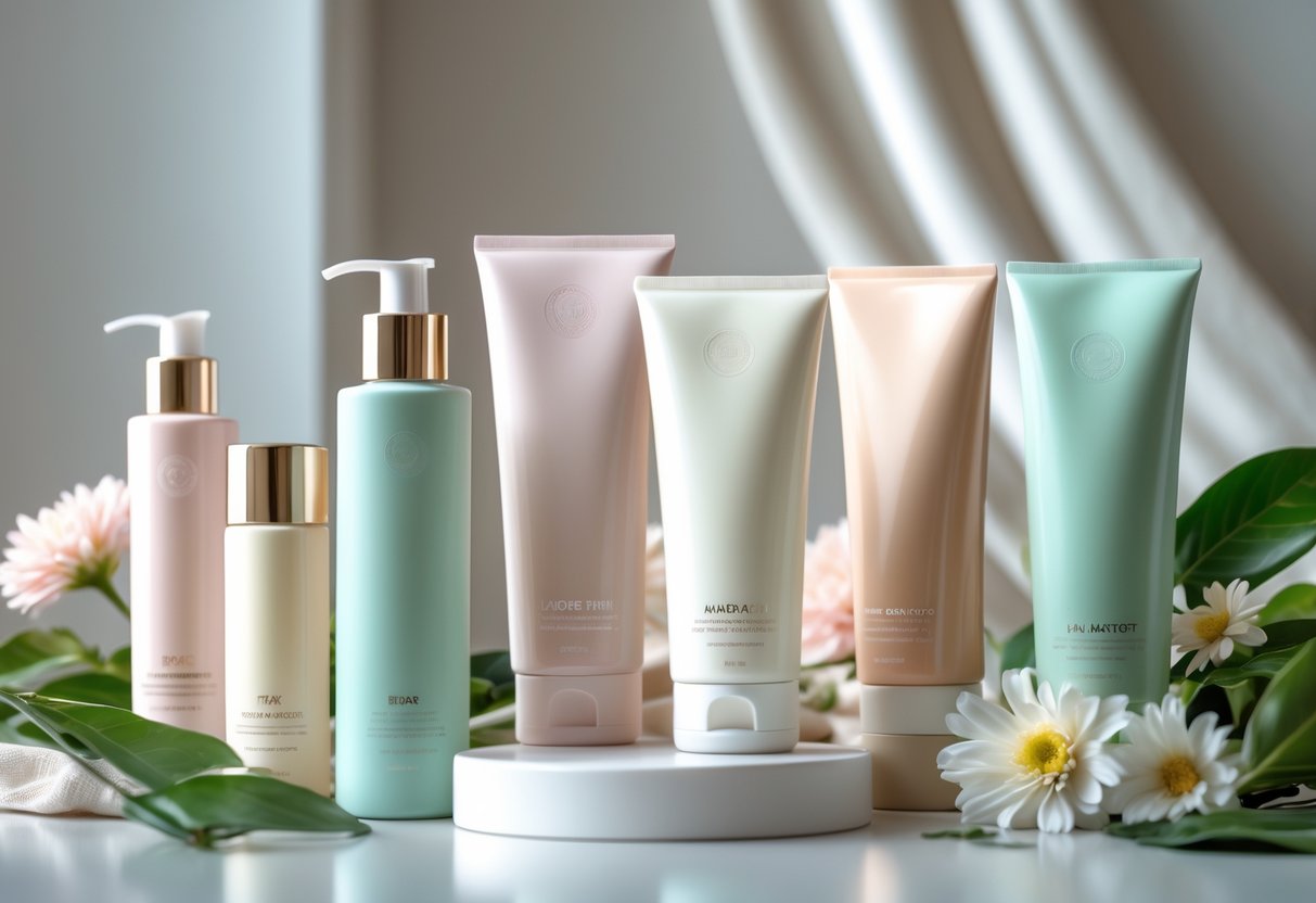Kumpulan tabung lotion tangan dengan desain dan finishing berbeda yang disusun pada permukaan putih dengan bunga dan daun di dekatnya.
