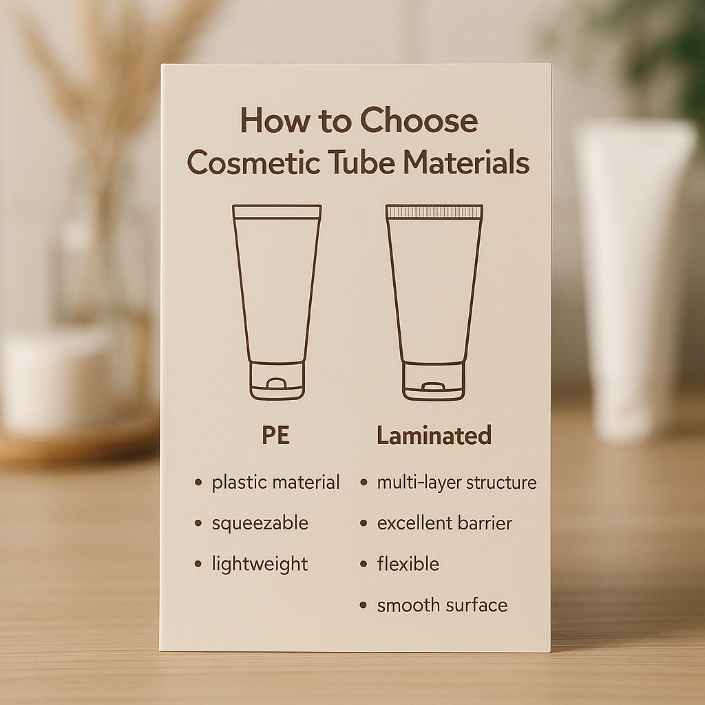 Infographic comparing PE and laminated cosmetic tube materials displayed on a clean surface with soft lighting.