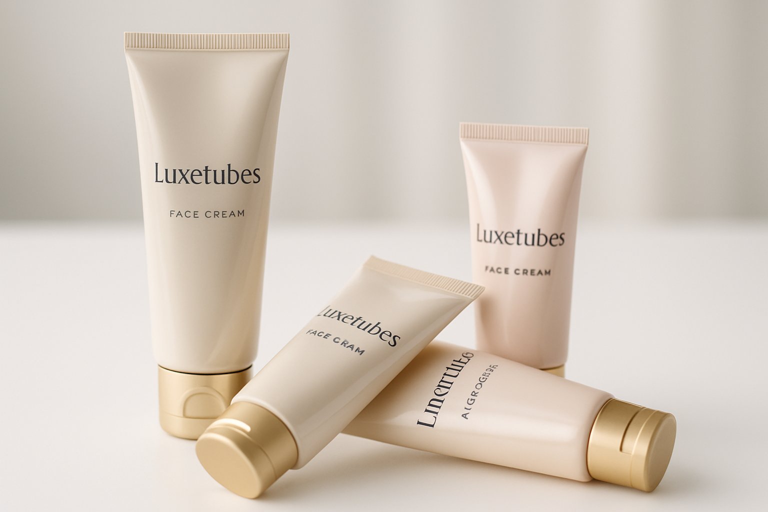 A collection of laminate tubes for face cream branded with Luxetubes, arranged neatly on a white surface.