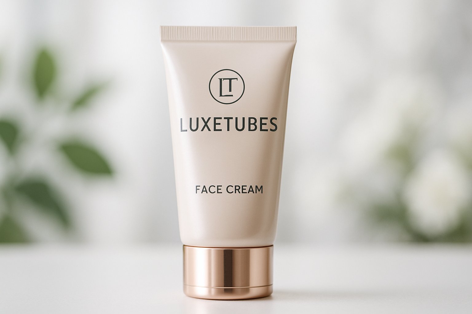 A sleek laminate tube of face cream with the Luxetubes logo on a white surface, surrounded by soft natural elements.