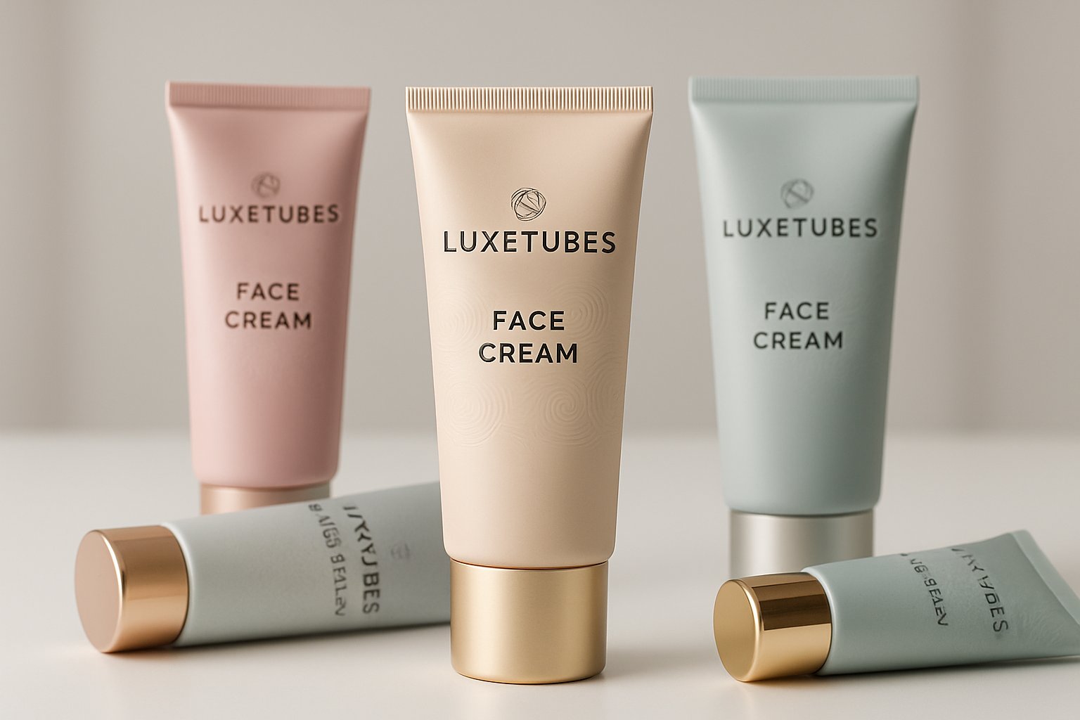 A collection of elegant laminate tubes for face cream with the Luxetubes brand name and logo, arranged on a white surface.
