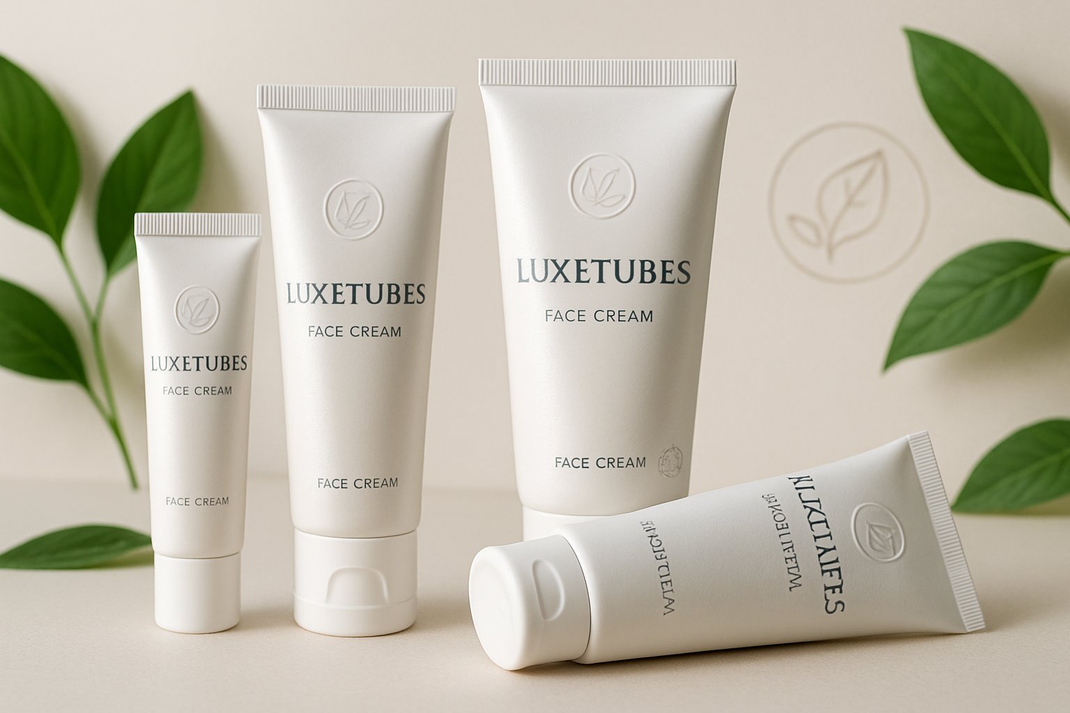 A collection of premium laminate cosmetic tubes for face cream with the Luxetubes logo, arranged with green leaves on a clean surface.