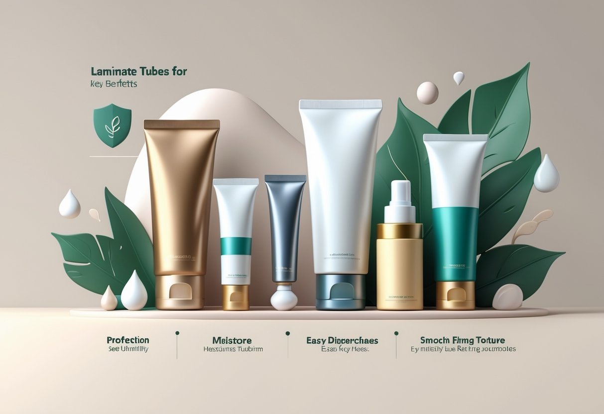 Several sleek laminate tubes for skin care arranged with icons representing protection, moisture retention, eco-friendliness, and easy dispensing.