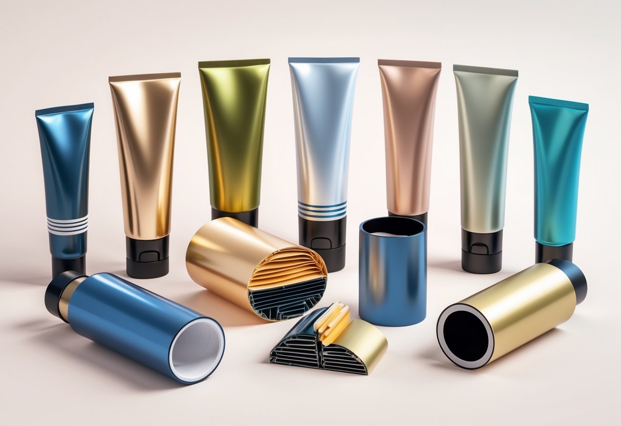 Various skin care laminate tubes in different shapes and finishes, some showing cross-sections of their layered materials.