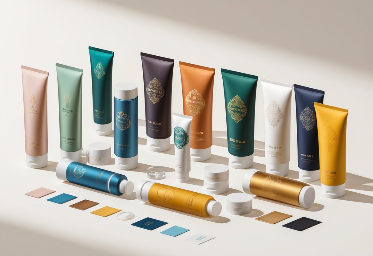 A collection of different skin care laminate tubes with various colors, patterns, finishes, and cap styles arranged on a light background.