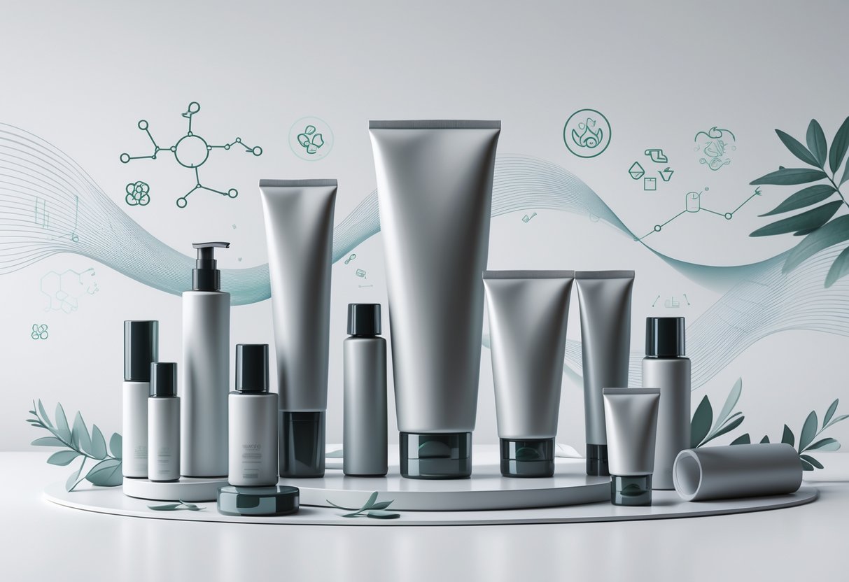 Various laminate tubes for skin care displayed with abstract symbols representing innovation and sustainability.