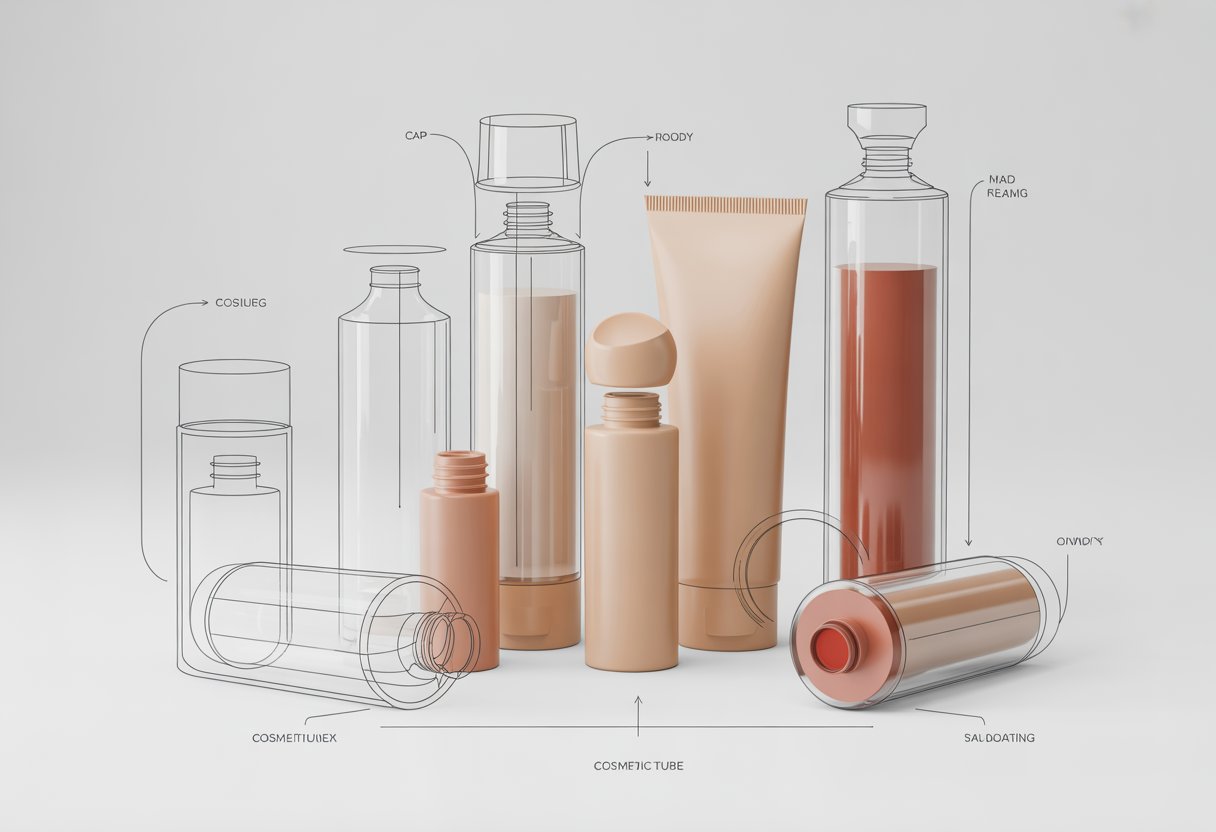 A set of custom cosmetic tubes displayed with detailed labeled diagrams and a cross-section view showing internal structure on a white background.