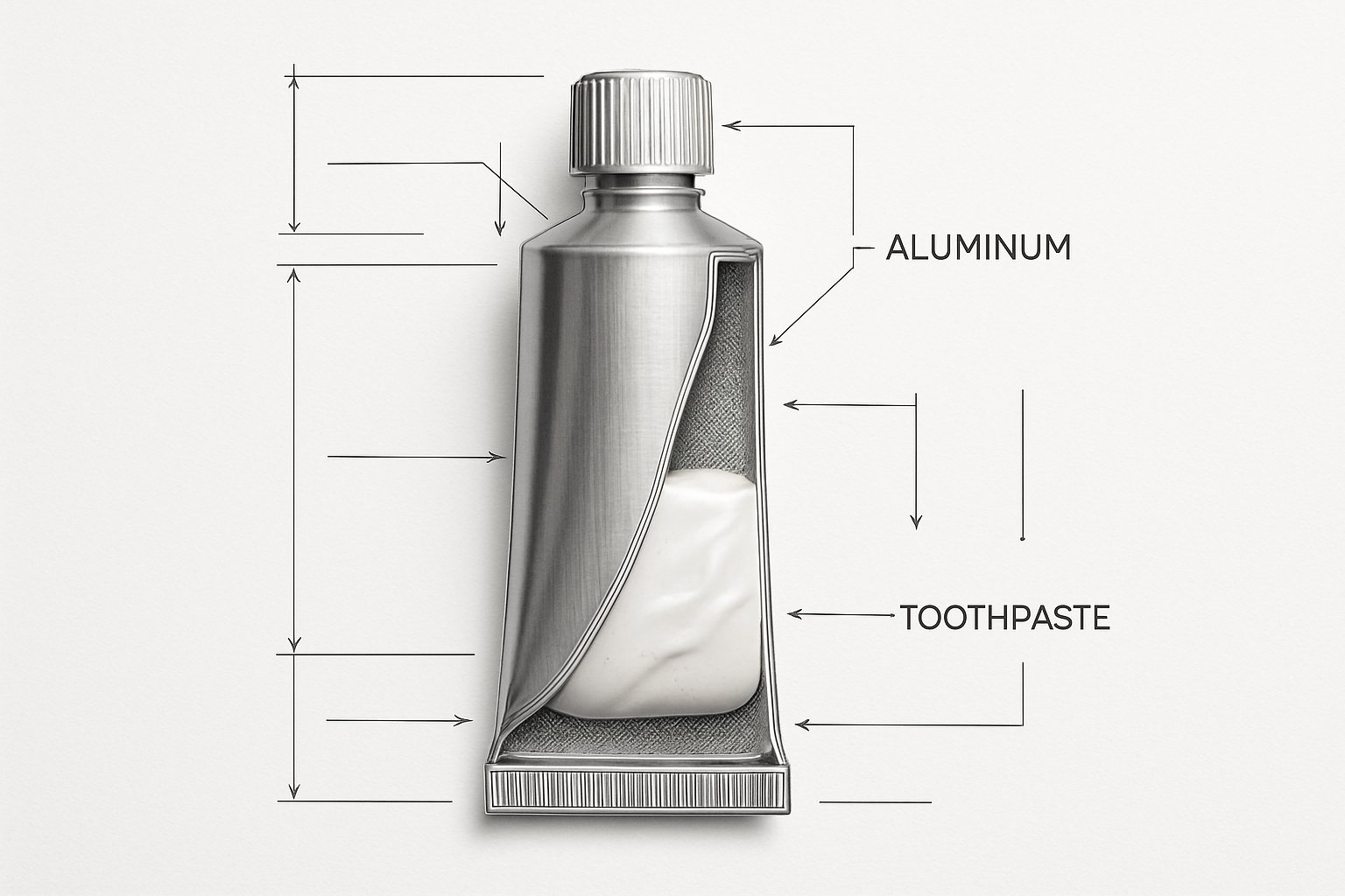 A detailed image of a toothpaste aluminum tube with cross-section view and technical diagrams showing its components on a white background.