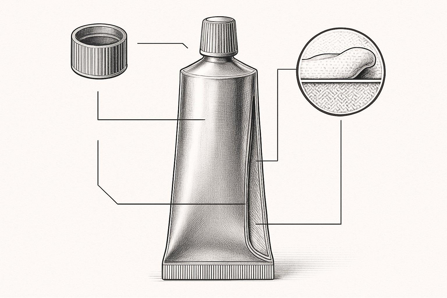 A detailed image of a toothpaste in an aluminum tube with a cross-section view showing its internal structure and surrounding labeled diagrams highlighting different parts of the tube and toothpaste.
