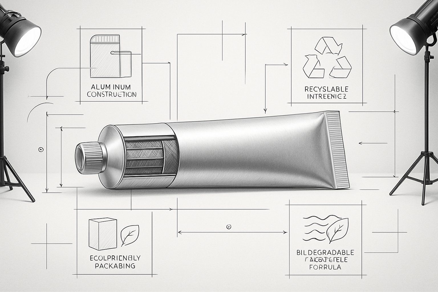 A detailed image of an aluminum toothpaste tube with cross-section view and labeled diagrams illustrating its sustainable and environmental features.