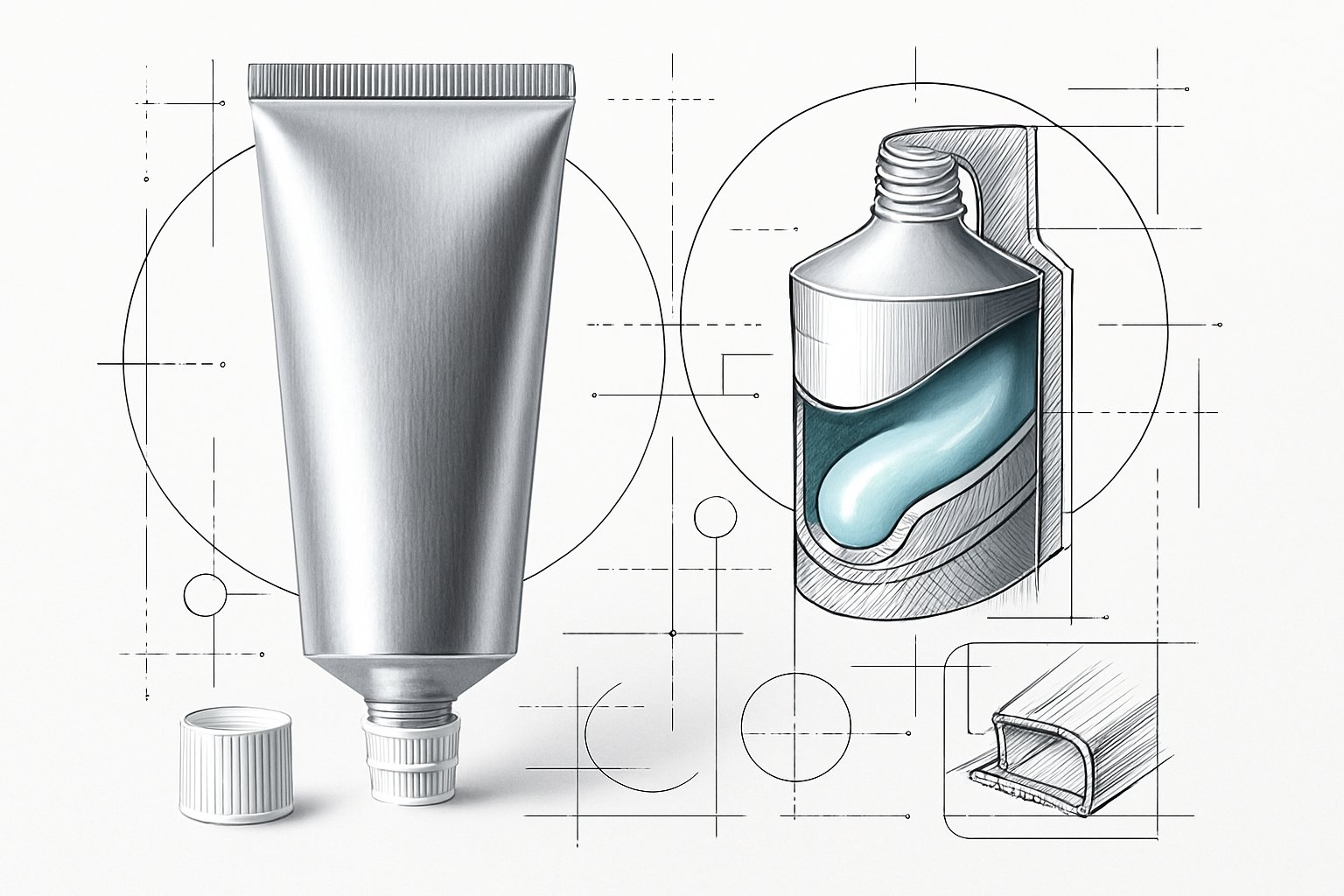 An aluminum toothpaste tube shown from multiple angles including a cross-section view revealing its internal structure, surrounded by technical diagram elements on a white background.
