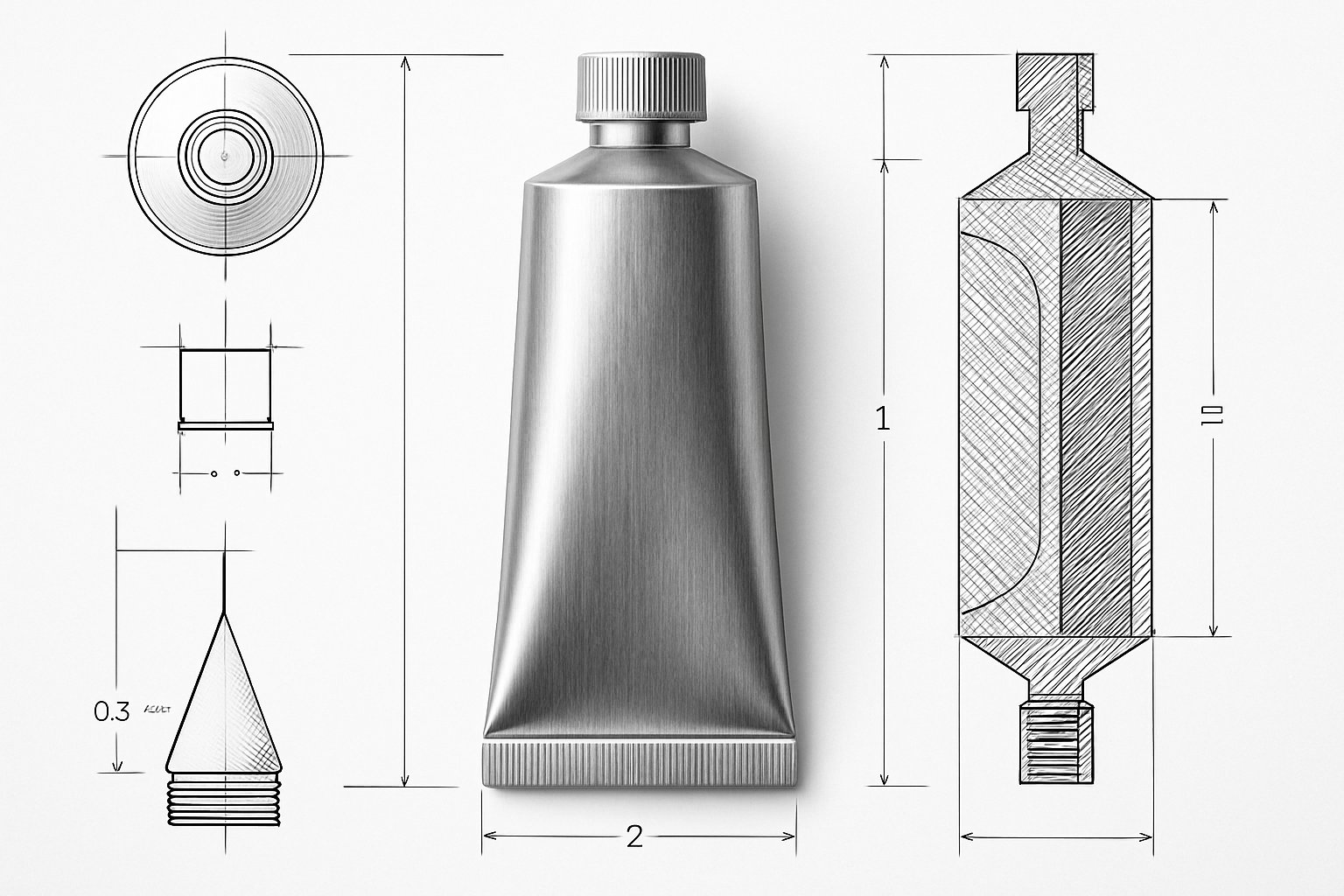 An aluminum toothpaste tube displayed with detailed technical diagrams and a cross-section view showing its inner structure on a white background.