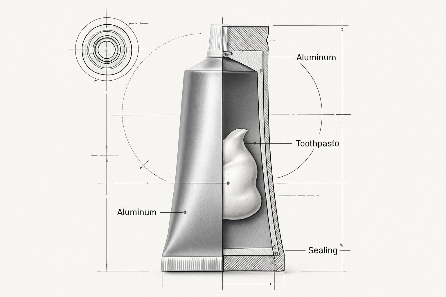 A detailed image of an aluminum toothpaste tube with cross-section views and labeled diagrams showing its internal structure and components on a white background.