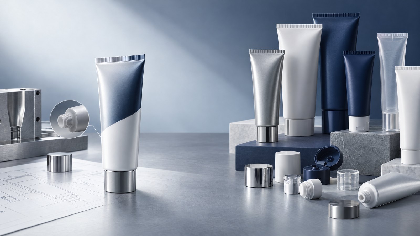 Cosmetic tubes arranged for a manufacturer and packaging distributor sourcing comparison